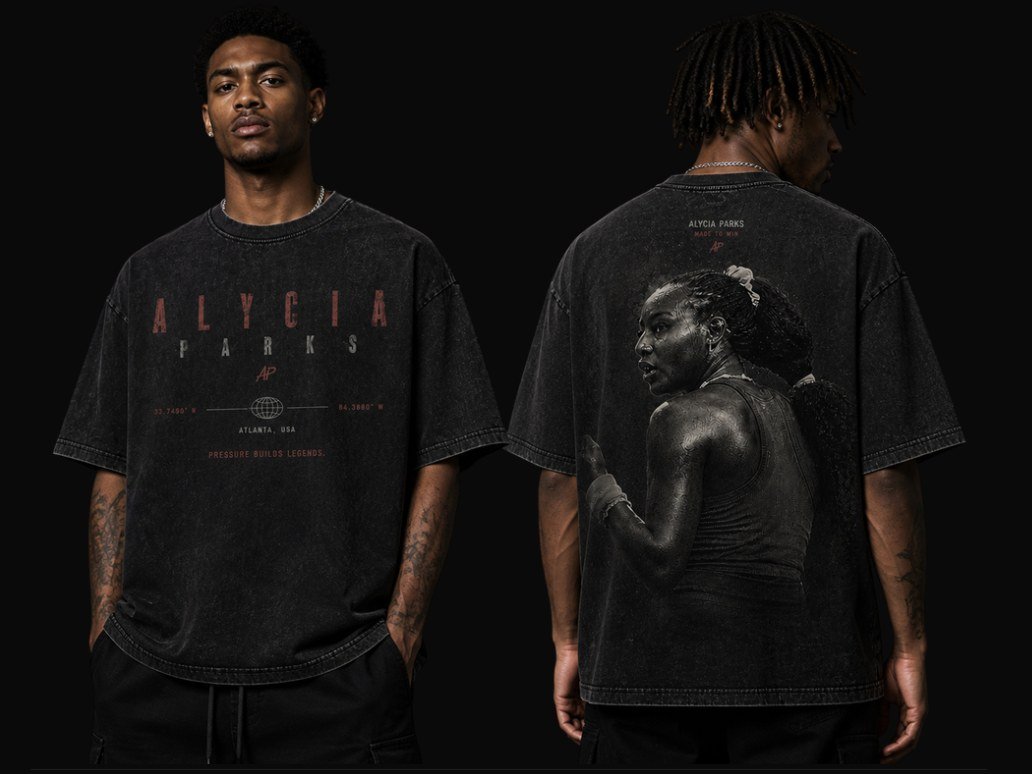 Under Pressure Tee: washed black oversized tee with an Alycia Parks Atlanta USA front print and a monochrome photo of Alycia on the back
